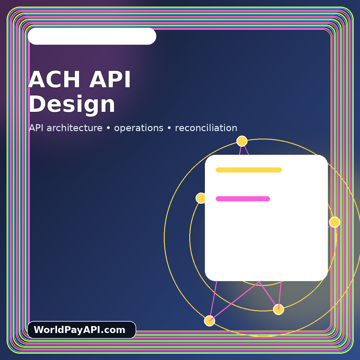 Neon ACH API flow connecting an application, bank file, return queue, and balanced ledger
