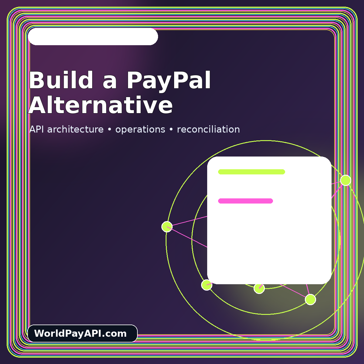 Neon architecture diagram for a PayPal alternative with checkout, wallet ledger, bank rails, cards, stablecoins, and payouts
