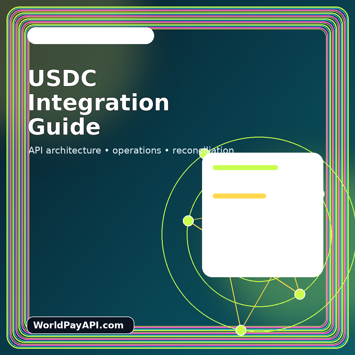 Neon USDC payment flow card showing an intent, wallet address, confirmation, and reconciliation ledger
