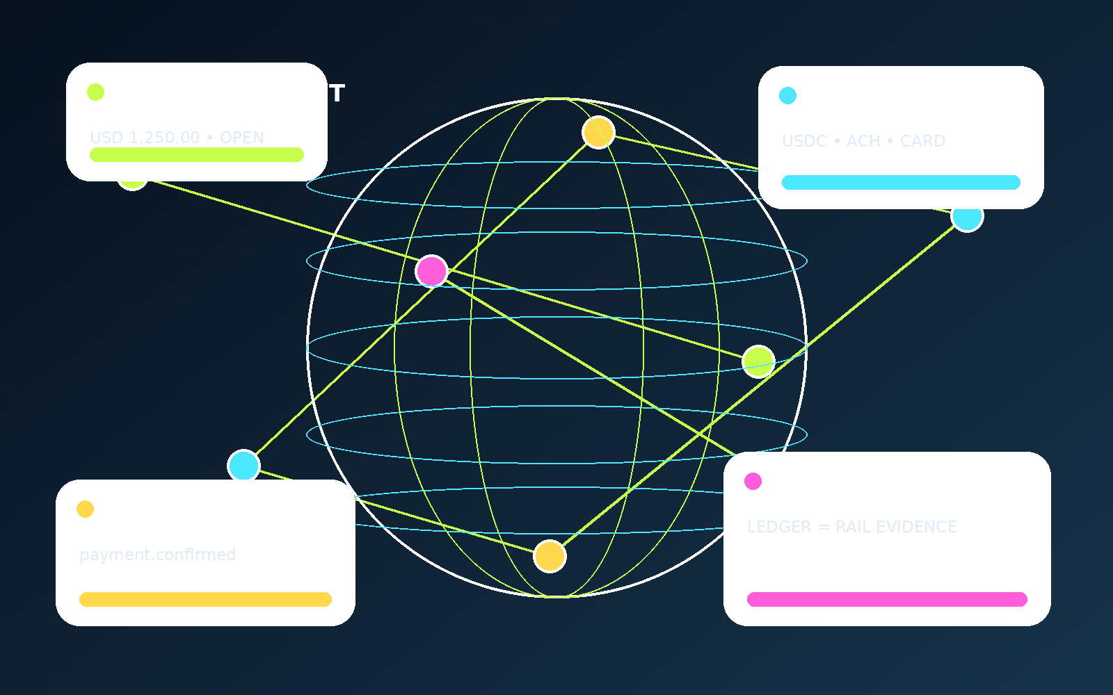 Abstract global payment API map connecting payment intents, route policies, webhooks, and reconciliation